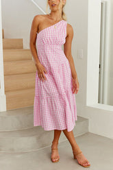 Kariertes Midikleid mit One-Shoulder-Träger